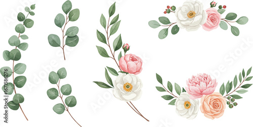 Watercolor floral arrangements and eucalyptus leaves on white background on transparent background