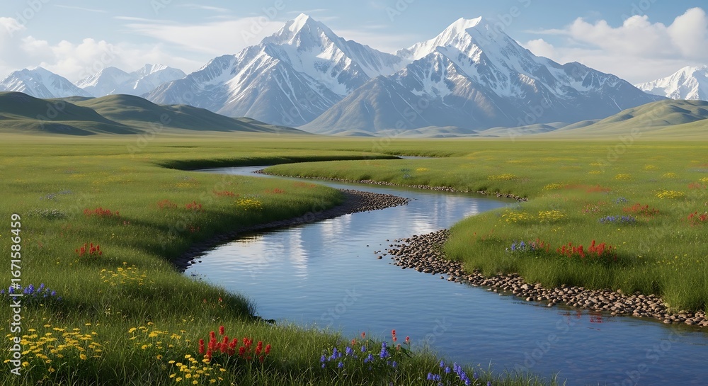 Fototapeta premium Serene Mountain Landscape with Winding River and Lush Green Fields.