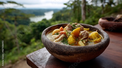 A dish of Panamanian sancocho with chicken, corn, and root vegetables, served in a rustic bowl, set on a table with a view of the Panamanian jungle and the Panama Canal.
