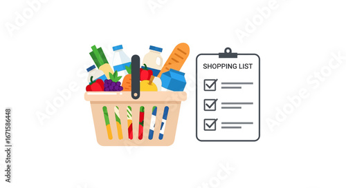 Concept of organized grocery shopping and healthy meal planning with a basket of food and a checklist