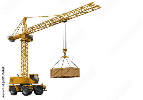 Fototapeta Naklejka Na Ścianę i Meble -  Isolated yellow crane holding a wooden container, perfect for construction or industry visuals