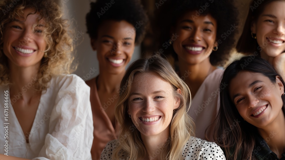 Obraz premium Group of diverse women smiling together in a cozy indoor setting during a joyful gathering