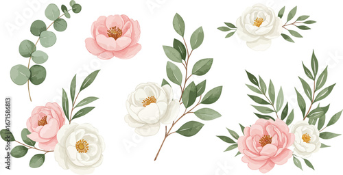 A collection of white and pink flowers with green leaves on white background on transparent background