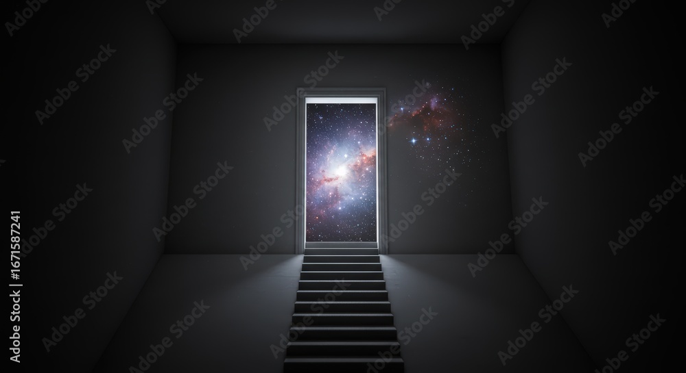 Obraz premium Dreamlike liminal space, a single flight of carpeted stairs in a void, leading to a doorframe that opens into a starry nebula, surrealism, impossible geometry, dream logic.