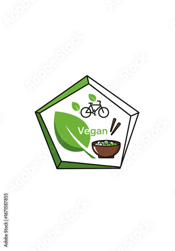Modern vegan lifestyle symbol illustration combining healthy plant-based food, green living, and active transport