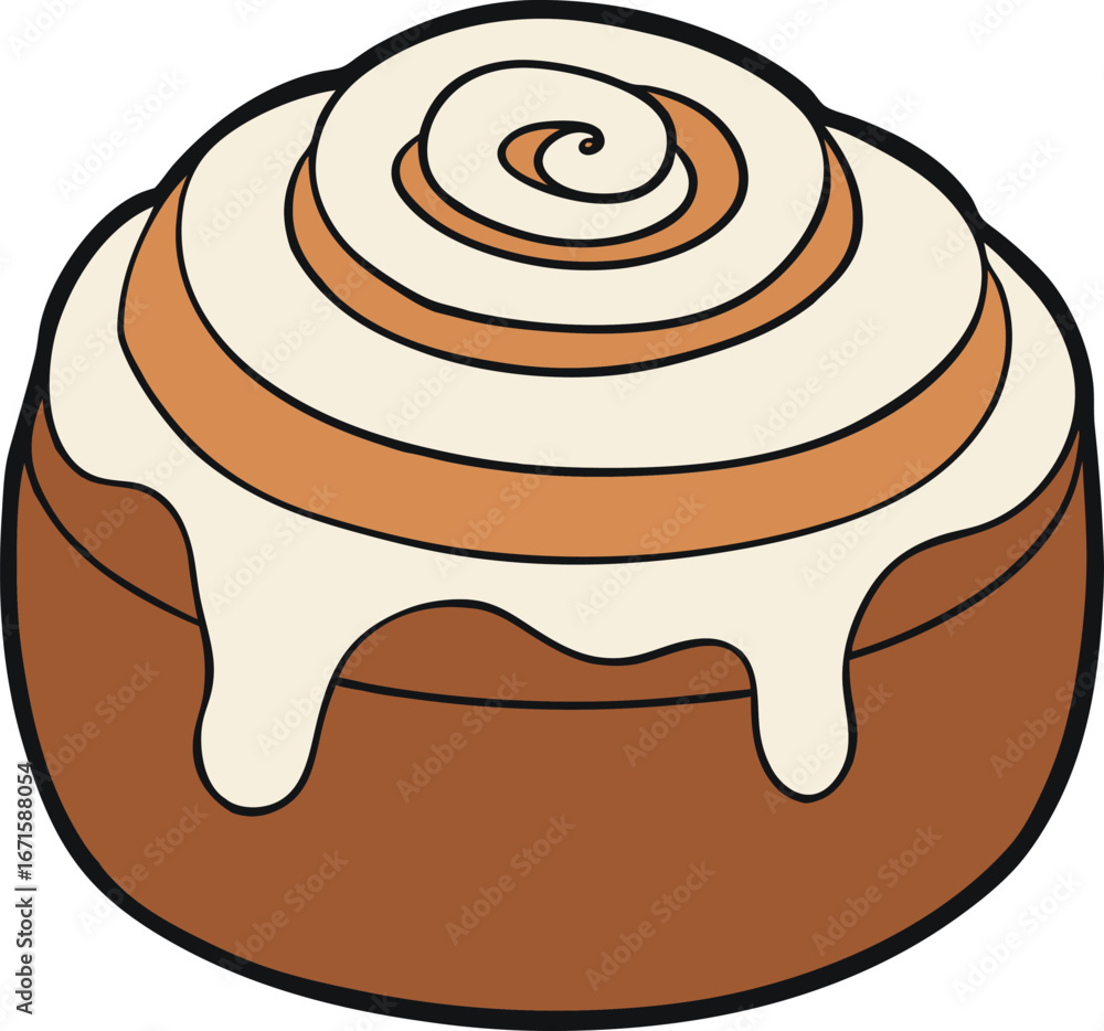 Obraz premium Sweet cinnamon roll with creamy icing illustration on white