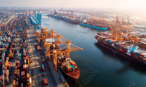 Busy international shipping port with container cranes and cargo ships large scale logistics hub vibrant industrial activity by the waterfront. generative aI