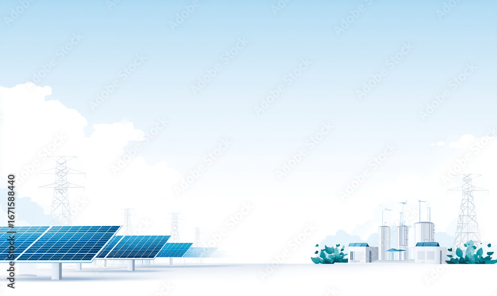 Fototapeta premium Solar power plant with rows of photovoltaic panels under bright blue sky clean renewable energy sustainable technology landscape. generative aI