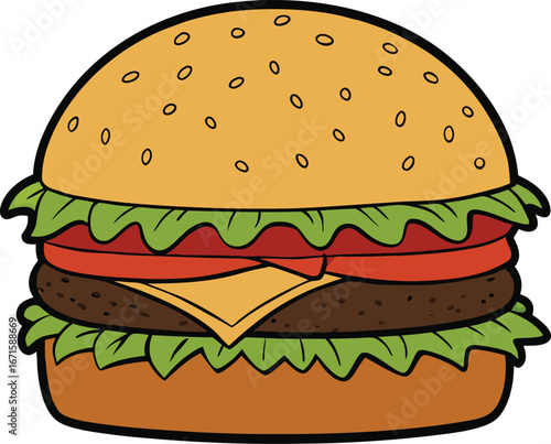 Classic cheeseburger with lettuce tomato and cheese illustration