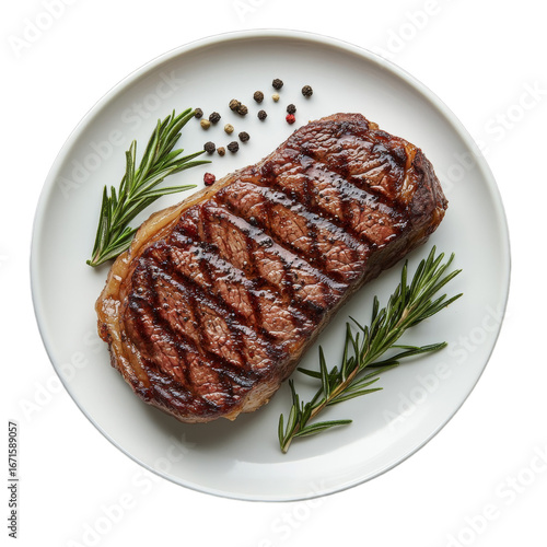 Grilled steak garnished with fresh rosemary and peppercorns, showcasing the perfect sear and juicy texture on a white plate on transparent background