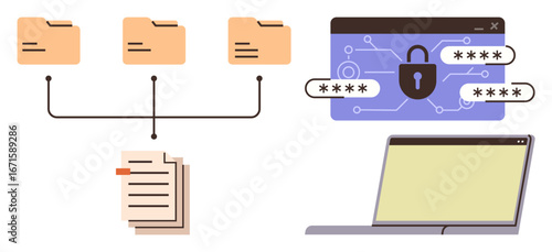 Three folders connected to files, password-protected lock on a browser, and laptop screen. Ideal for data security, organization, cloud storage, information sharing, file management, encryption