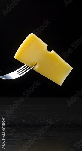 Front view of sliced cheese carefully placed on a fork over a dark desk background, capturing a colorful and appetizing snack presentation perfect for breakfast, light meals, or a crisp savory bite