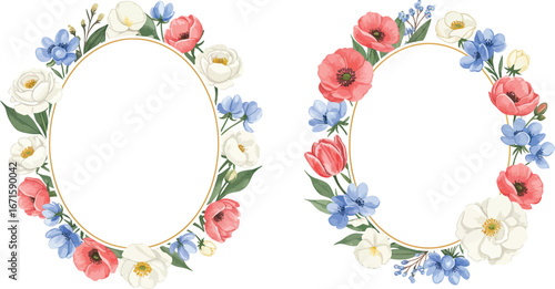 Two oval floral wreaths with colorful flowers and green leaves on white background on transparent background