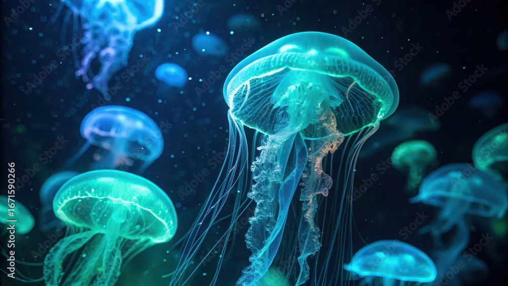 Fototapeta premium neon life form design Glowing jellyfish float gracefully in dark waters, creating a mesmerizing underwater scene.