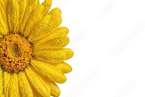 Close-up of a bright yellow flower with water droplets on its petals, set against a stark white background, filling the left side of the frame