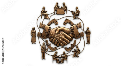 Conceptual artwork showing a professional networking system centered on a partnership handshake representing a successful business deal