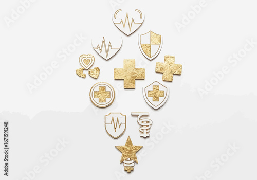 A conceptual 3D illustration of various golden health icons representing medical care, insurance, and cardiology protection on a white background