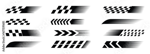 Dynamic black speed lines and racing flag design elements for automotive, sports, and fast-paced branding projects with a modern aesthetic