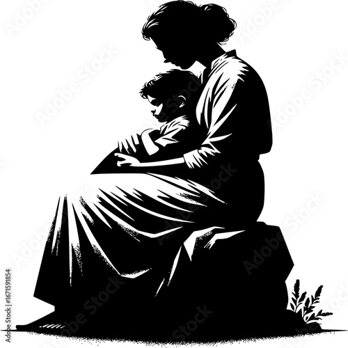 Mother and Child Silhouette: A tender moment captured in silhouette, a mother cradling her child, a timeless image of love, protection, and nurturing.