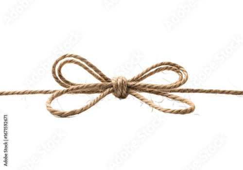 Close up of a rustic jute twine bow tied on a string isolated on a transparent background isolated on transparent background