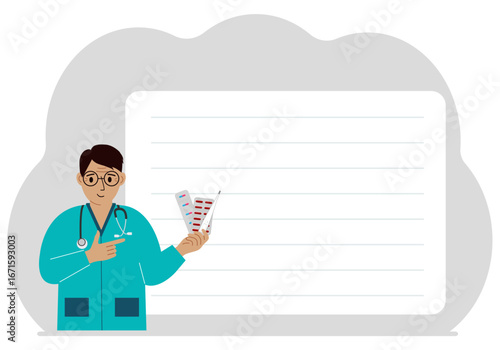 Male pharmacist with medicines and thermometer in hand. In the background there is a large white sheet for text. Vector flat illustration