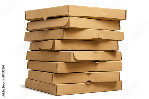 Tableau sur toile Stack of plain brown cardboard pizza boxes isolated on transparent background