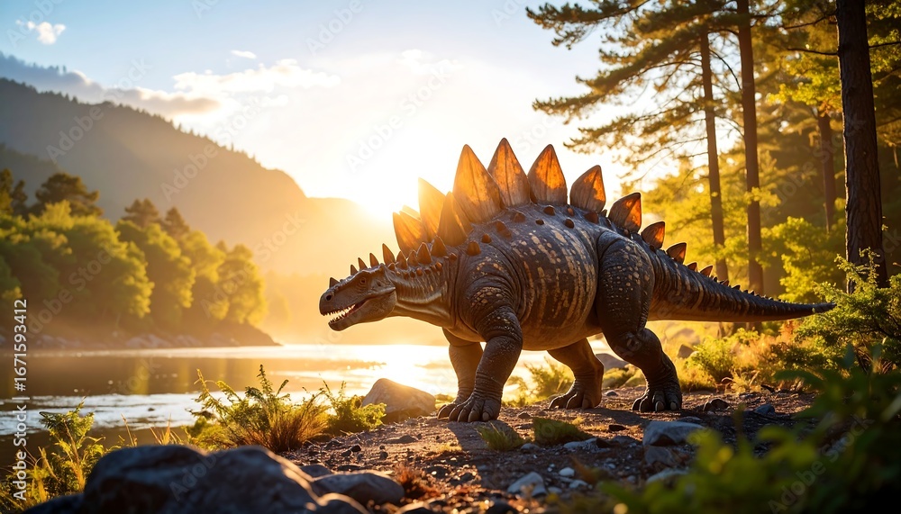 Fototapeta premium Stegosaurus at sunset near a lake and forest