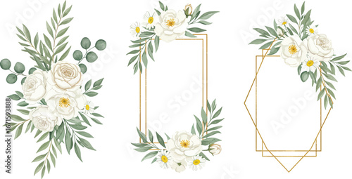White flowers and green leaves in gold frames on white background on transparent background