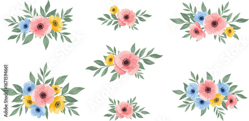 A collection of colorful floral arrangements with pink yellow and blue flowers and green leaves on transparent background