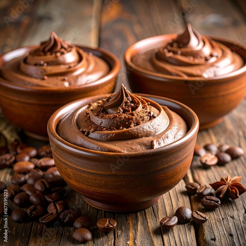 Three bowls of rich chocolate mousse, garnished with chocolate shavings, sit on a rustic wooden surface scattered with coffee beans and star anise