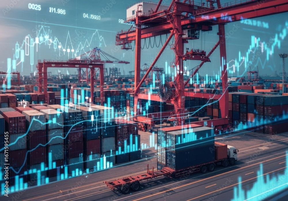 Fototapeta premium Global trade and logistics with financial market data overlay
