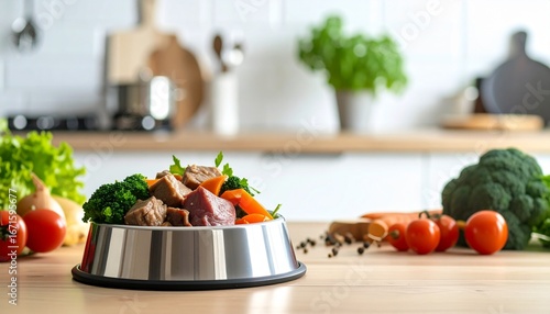 Bowl of healthy dog food made with fresh vegetables and meat placed on wooden kitchen table