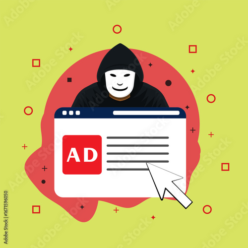 Vector illustration of a hacker using malicious online ads to spread malware. Smbolizing adware, phishing, cyber attack, and internet fraud threats