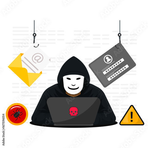 Hacker on mask to attacking and  hacking laptop. Stealing personal data and scamming email. Cybersecurity threat scene.