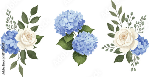 Beautiful floral arrangements with blue hydrangeas and white roses on white background on transparent background