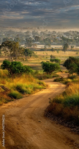 Dirt track leads into a hazy village, surrounded by fields and trees, lit by warm sunlight filtering through morning mist