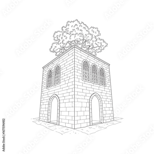 Hand-drawn architectural ink sketch of a historic stone building in Uchisar, Cappadocia.
