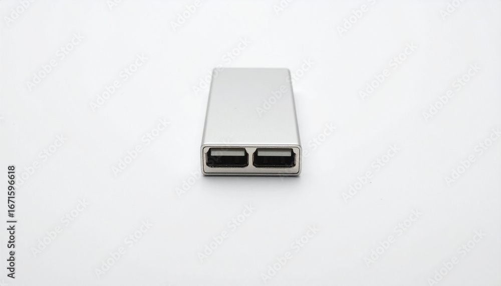 Fototapeta premium A sleek, metallic, rectangular device with two ports is featured against a simple white background.