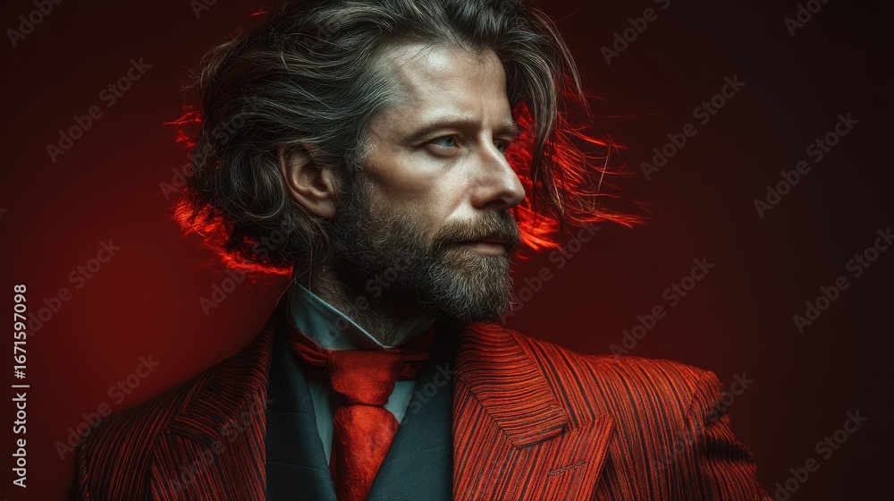 Obraz premium A stylish man with flowing hair and a red-striped suit poses dramatically against a dark backdrop