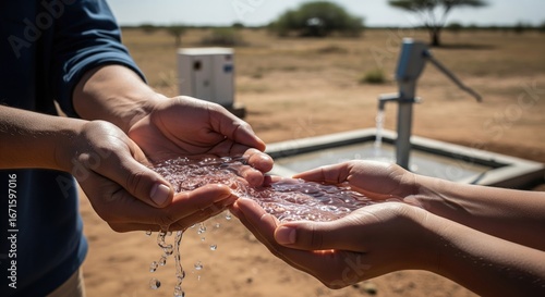 Two pairs of hands, an adult and a child's, carefully cupping fresh water received from a hand pump in a dry, rural, arid landscape under bright sunlight.