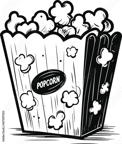 Black and white popcorn box line art vector, minimal doodle outline, abstract snack food sketch illustration 2