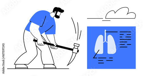 Worker breaking ground with pickaxe, cloud overhead, and diagram of lungs highlighting respiratory health. Ideal for occupational safety, lung disease prevention, risk awareness, mining, healthcare