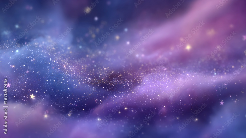 Obraz premium Ethereal nebula of purple, blue, and gold. Shimmering stars dot clouds of vibrant color creating a dreamy celestial scene