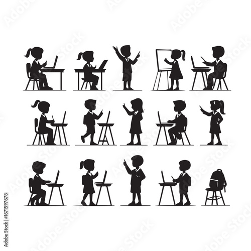Vector art of children silhouettes using laptops and studying at desks