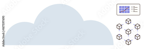 Cloud surrounded by analytical chart and connected blockchain cubes, suggesting decentralized storage and data analysis. Ideal for technology, innovation, cloud computing, big data, blockchain