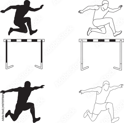 Hurdler Silhouette and Outline Set Athleticism Competition and Vector Illustration