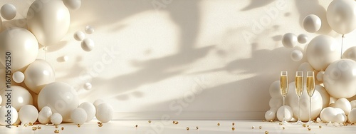 Clip art style, minimalistic composition, white background, balloons and confetti 