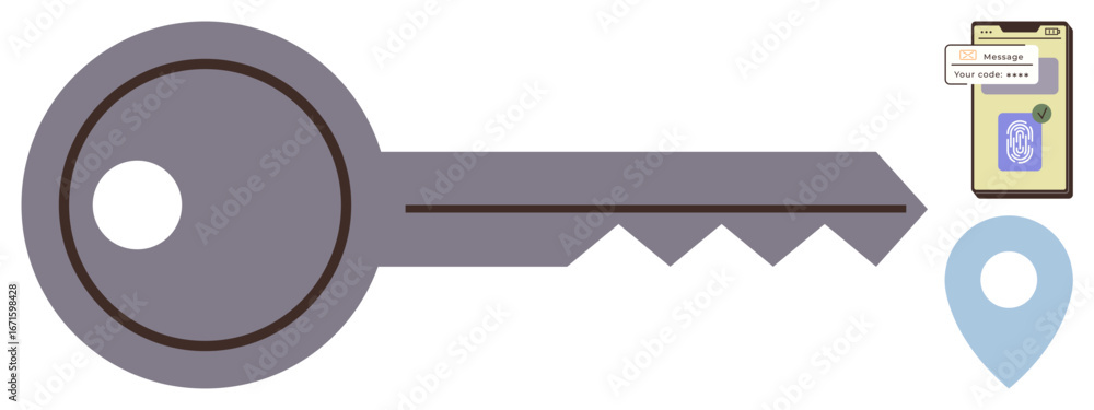 Fototapeta premium Metal key, smartphone message notification, and location pin symbolizing access, security, and connectivity. Ideal for themes thumbs up privacy, navigation, technology, communication data security