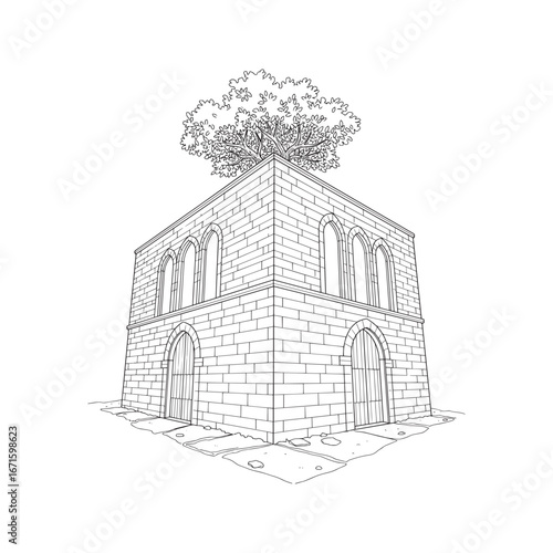 Hand-drawn architectural ink sketch of a historic stone building in Uchisar, Cappadocia.
