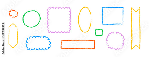 Geometric shape frame set, hand drawn colorful crayon pencil, brush pastel rough chalk texture border. Vector illustration, cute memo stickers and notes